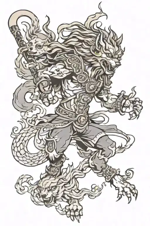 sun wukong with a wolf and a canary bird flying towards tattoo design idea