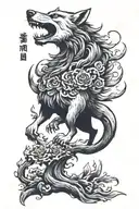 sun wu kong, a wolf howling, a canary bird flying tattoo design idea