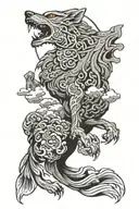 sun wu kong, a wolf howling, a canary bird flying tattoo design idea