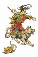 sun wu kong with a wolf and a canary bird flying towards tattoo design idea