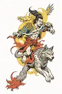 sun wu kong with a wolf and a canary bird flying towards tattoo design idea