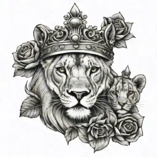 name anna incorporated into lioness wearing a crown with cubs surrounded tattoo design idea
