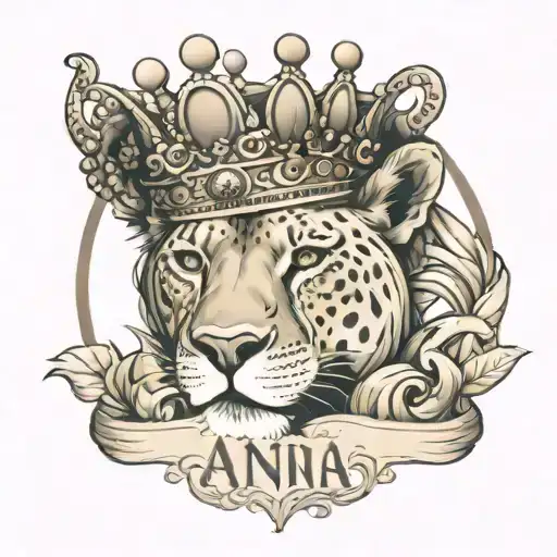 anna name incorporated in lioness wearing a crown tattoo design idea