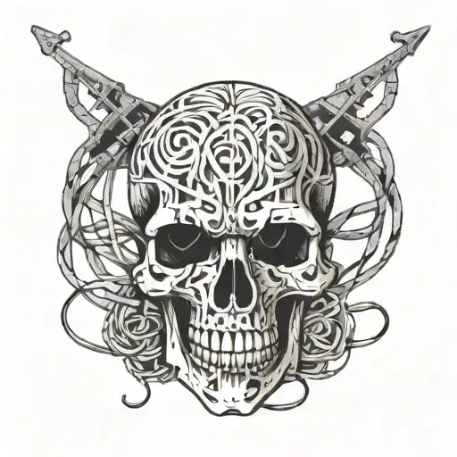 A skull made out of musical notes intertwined with football laces tattoo design idea