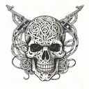 A skull made out of musical notes intertwined with football laces tattoo design idea
