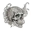 A skull made out of musical notes intertwined with football laces tattoo design idea
