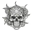 A skull made out of musical notes intertwined with football laces tattoo design idea