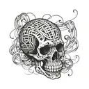 A skull made out of musical notes intertwined with football laces tattoo design idea