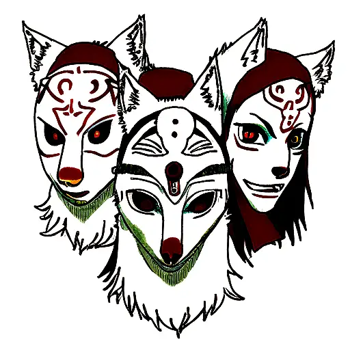 Mononoke mask with three wolfs tattoo design idea