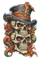 flag fire skull with jester hat tattoo design idea