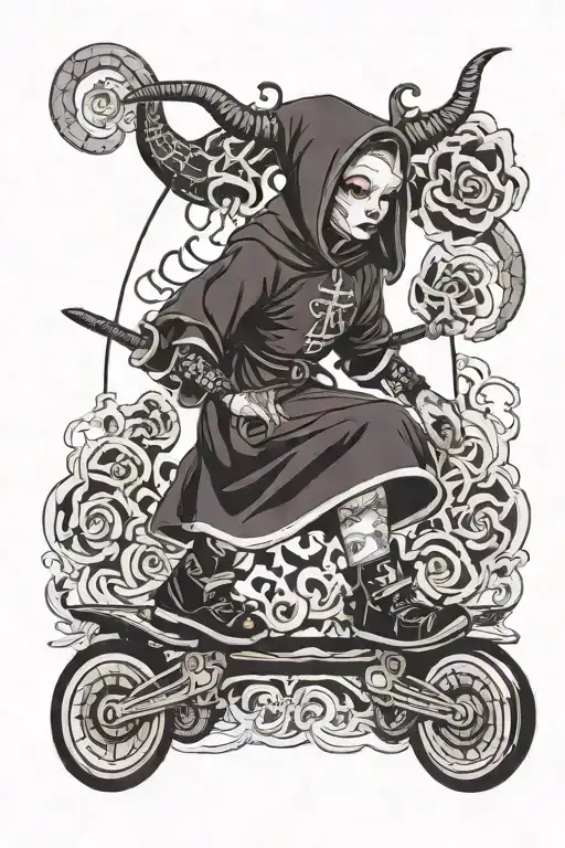 satanic dark nun with horns in rollerskates tattoo design idea