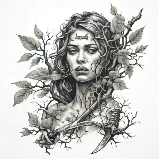 trees, woman, sword, anxiety, strength inspired tattoo design idea