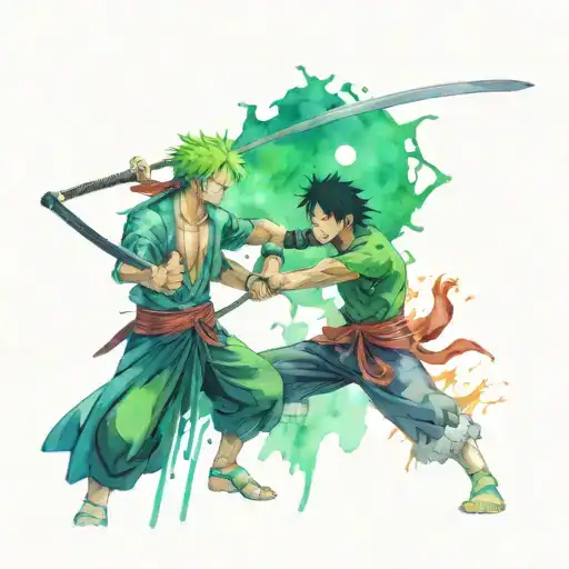 A dynamic portrait of Zoro and Luffy facing off in a fierce battle pose tattoo design idea