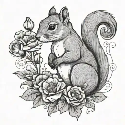 one line squirrel holding a bouquet of carnations you had thought tattoo design idea