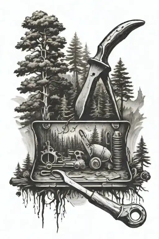A black-grey tattoo of a detailed forest scene reflected in the shiny surface of a metal worker's tools tattoo design idea