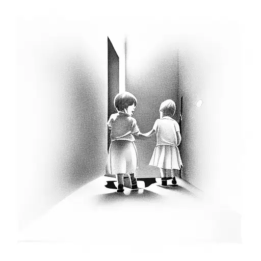 2 children with flashlight in dark hall tattoo design idea