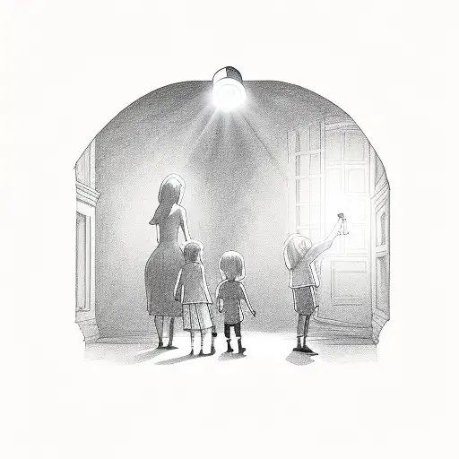 children with flashlight in dark hall tattoo design idea