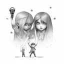 2 children with flashlight in dark hall tattoo design idea