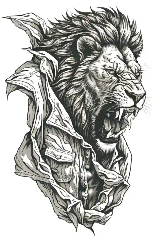 angry lion who is ripping open his jacket tattoo design idea