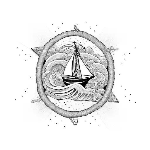 An intricate black-grey tattoo of a sailboat navigating through turbulent waves tattoo design idea