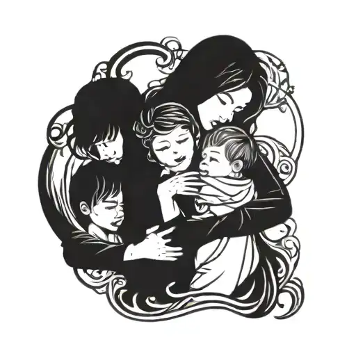 A beautiful and intricate design featuring a mother embracing her three sons, symbolizing the strong bond between them tattoo design idea