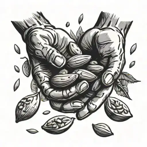 two palms of hands holding a handful of almonds nuts and raisings. some fall down the palms tattoo design idea