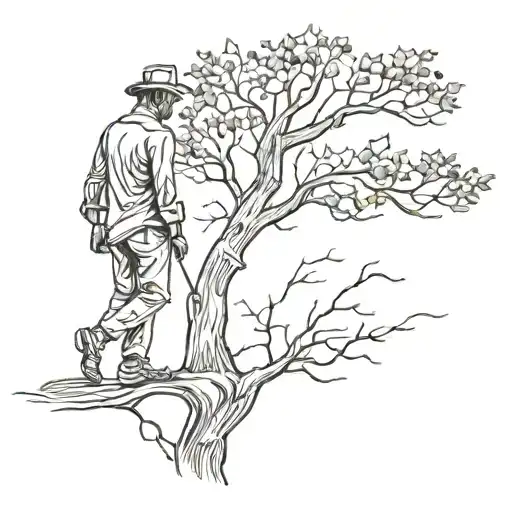 a kerchief falls from a tree silhouette. a gentleman bows to the tree tattoo design idea