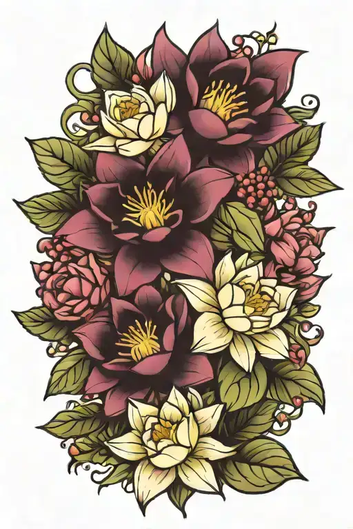 waterlilly, holly and narcissus flower bouquet tattoo design idea
