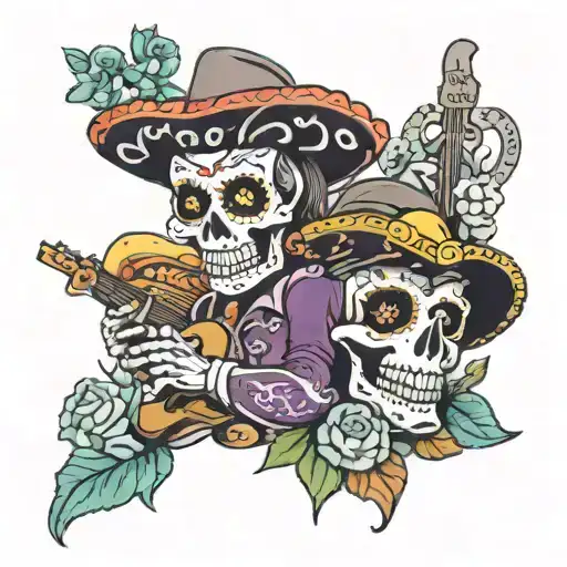 sugar skull Mariachis and Western themed dessert landscape sleeve tattoo design idea