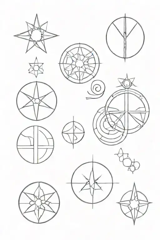 minimalist tattoo, small, vertical arrangement, five symbols including simple mandala, leo astrological symbol, simple l tattoo design idea