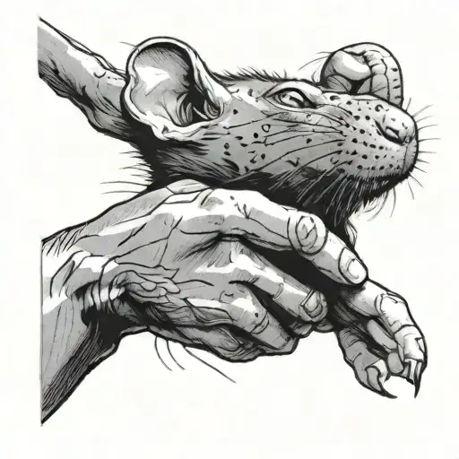 A rat's paw reaches for a human hand holding tattoo design idea