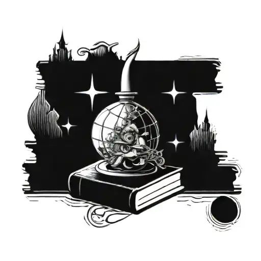 A stack of books with a globe and a gnome on top surrounded by magical elements tattoo design idea