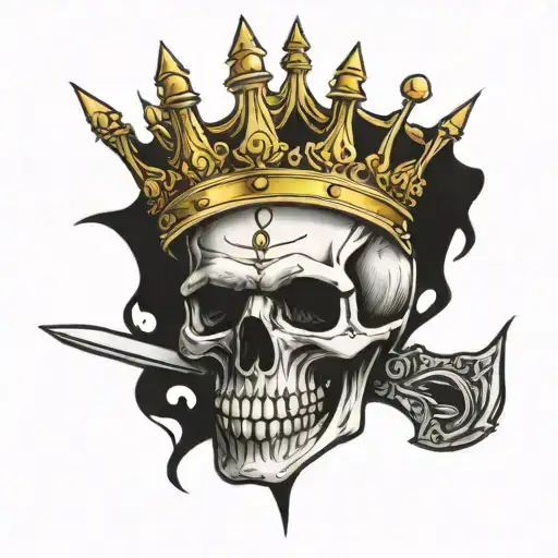 skull with kings crown on the head and with bone and a sword beneath the skull  tattoo design idea