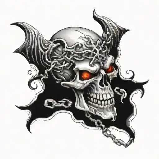 A demonic skull with a chain coming out of its mouth with fiery eyes tattoo design idea