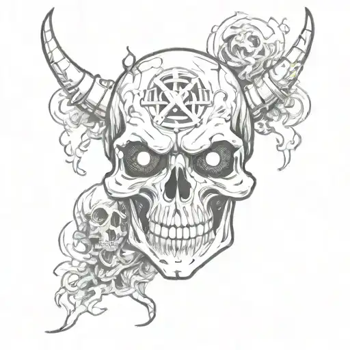 A demonic skull with gaming symbols for eyes and smoke coming out of its mouth tattoo design idea