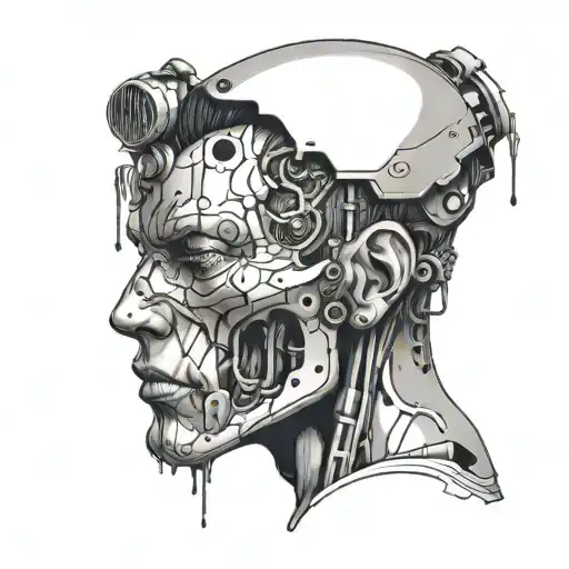 A cyborg head with oil bleeding out  tattoo design idea