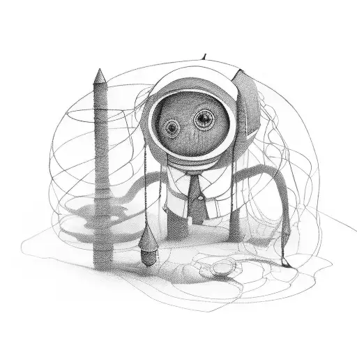 tiny people with theiw shadows being tied with black and red threads and strings tattoo design idea