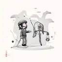 tiny people with theiw shadows being tied with black and red threads and strings tattoo design idea