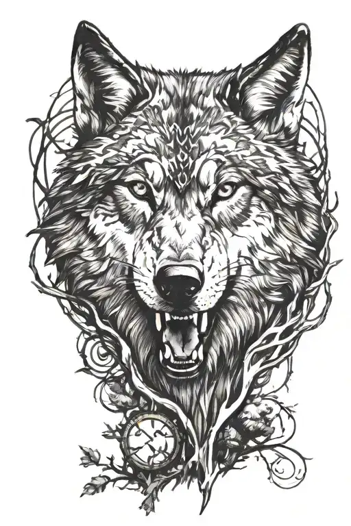 an angry wolf with bold in its mouth with a rune on its forehead and forest all around  tattoo design idea
