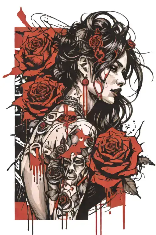 Thornes roses wrapped around Braun's haired woman bleeding tattoo design idea