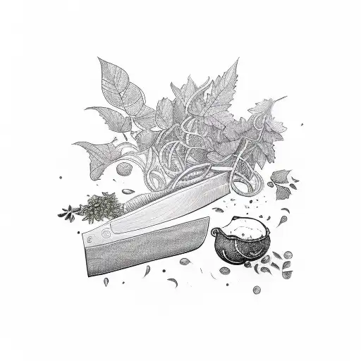 illustration featuring a chef's knife intertwined with vines, herbs, and grains tattoo design idea
