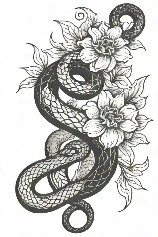 snake wrapping itself around a flower intertwined tattoo design idea