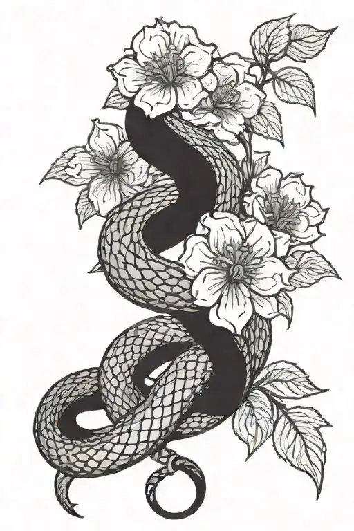 snake wrapping itself around a flower intertwined tattoo design idea