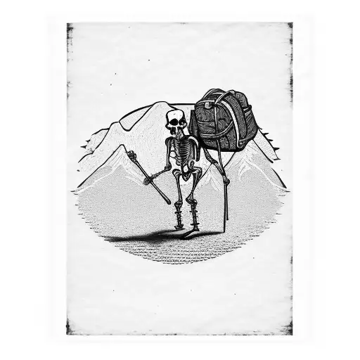 woodcut style image of a skeleton hiking with backpack tattoo design idea