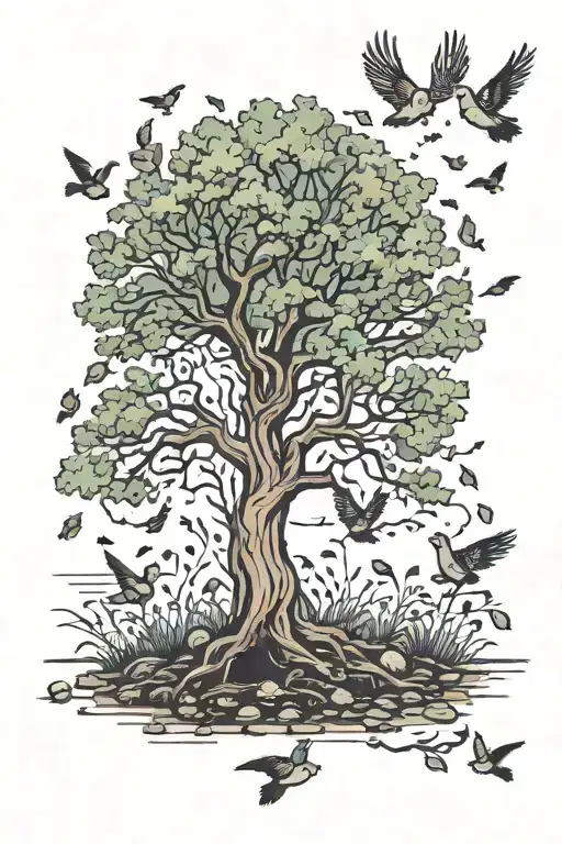 tree with birds flying, bird seed on ground paying respect tattoo design idea