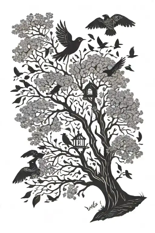 tree with birds flying, bird seed on ground paying respect, bell and  When a loved one becomes a memory, a tattoo design idea
