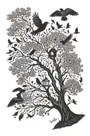 tree with birds flying, bird seed on ground paying respect, bell and  When a loved one becomes a memory, a tattoo design idea