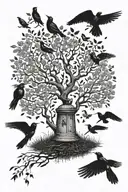 tree with birds flying, bird seed on ground paying respect, bell and  When a loved one becomes a memory, a tattoo design idea
