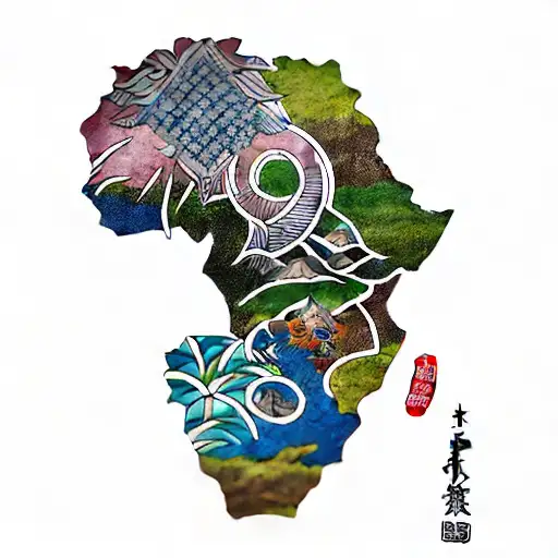 loin for strength and courage faces east, a tree growing south to north for growth and ocean for peace map of africa tattoo design idea