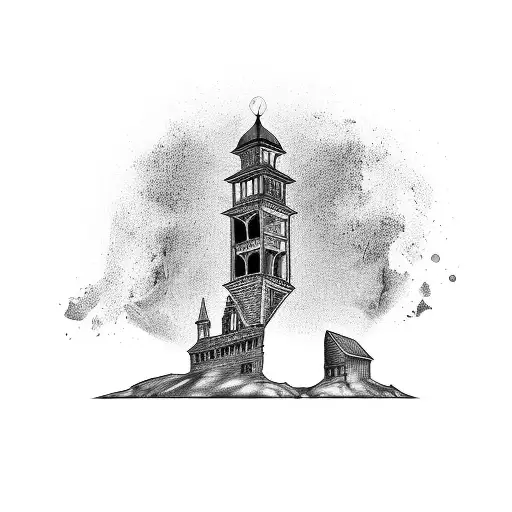 one line medieval bell tower shape in the middle of old university building tattoo design idea